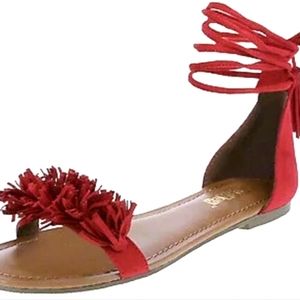 LIKE NEW: Red Fringe Tassel Ankle Wrap Sandal
